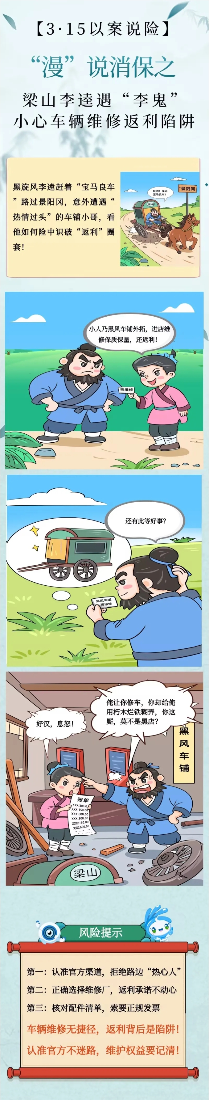 3·15以案說(shuō)險(xiǎn)丨“漫”說(shuō)消保之梁山李逵遇“李鬼” 小心車輛維修返利陷阱
